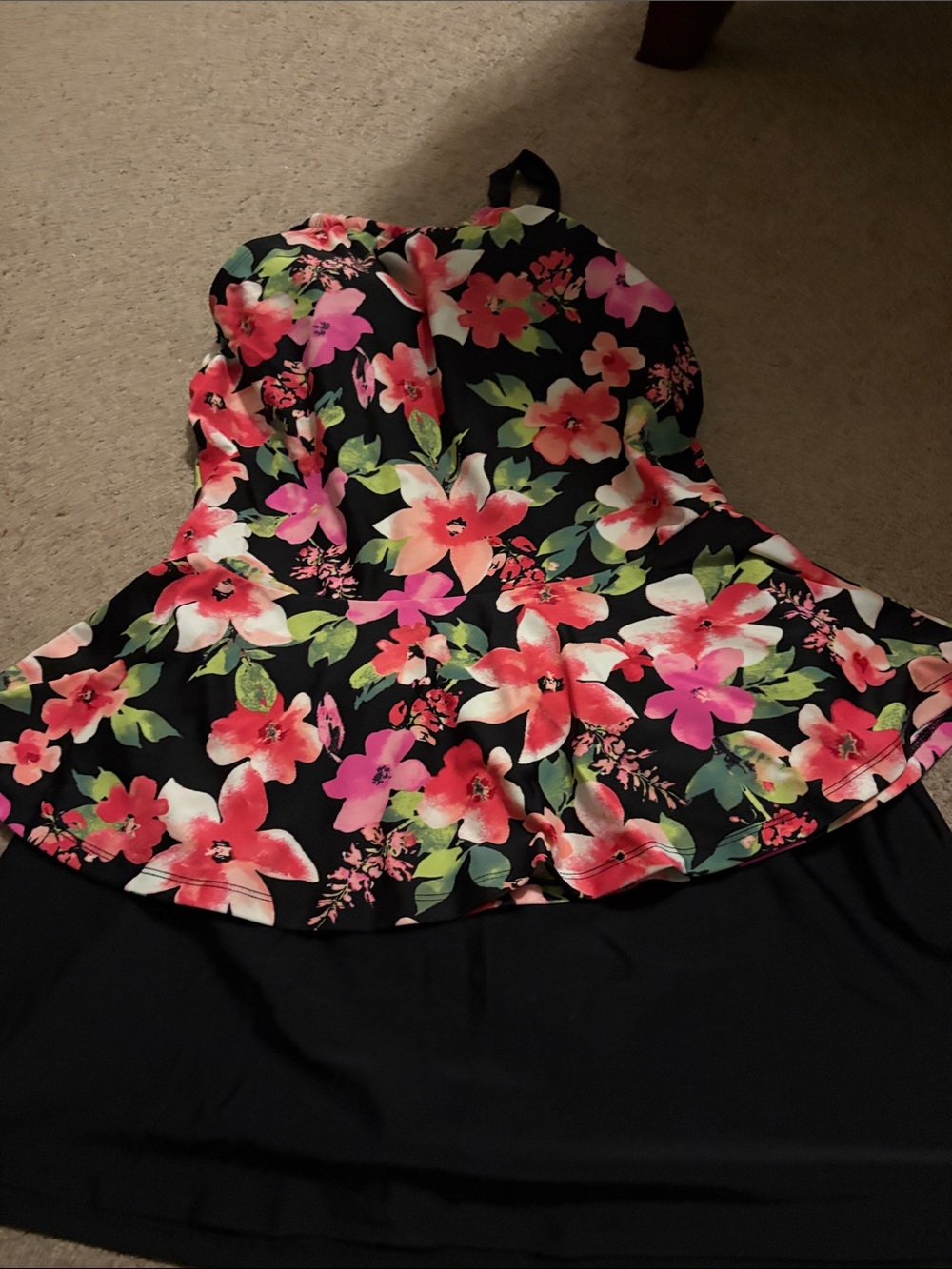 Isaac Mizrahi Black Floral Strapless Peplum Dress with Pink & Coral Blooms